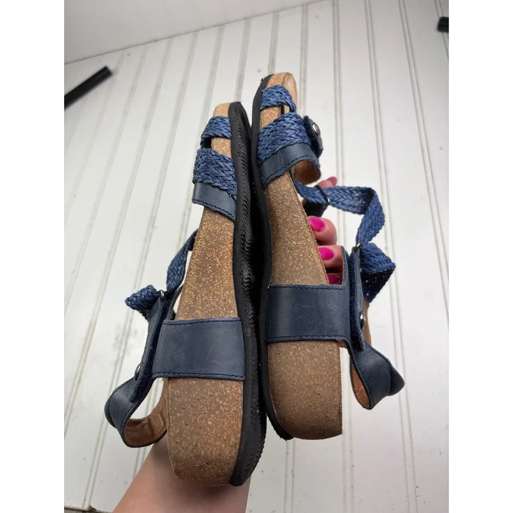 Taos Trulie Navy Leather Strappy Hook & Loop Wedge Sandals Women's Size 37 6-6.5